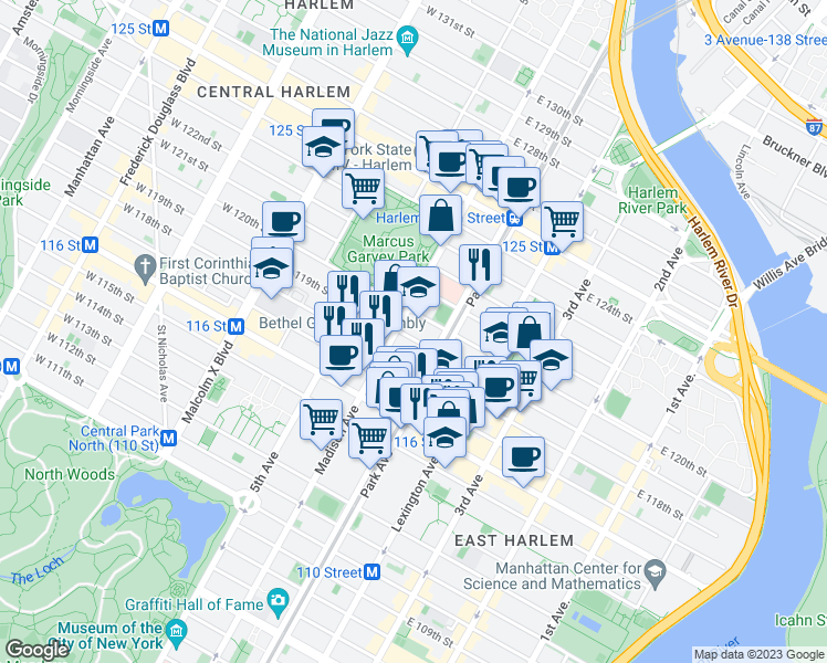 map of restaurants, bars, coffee shops, grocery stores, and more near 76 East 119th Street in New York