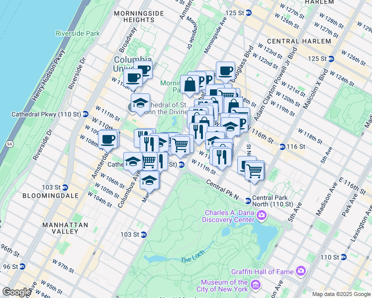 map of restaurants, bars, coffee shops, grocery stores, and more near 2076 Frederick Douglass Boulevard in New York