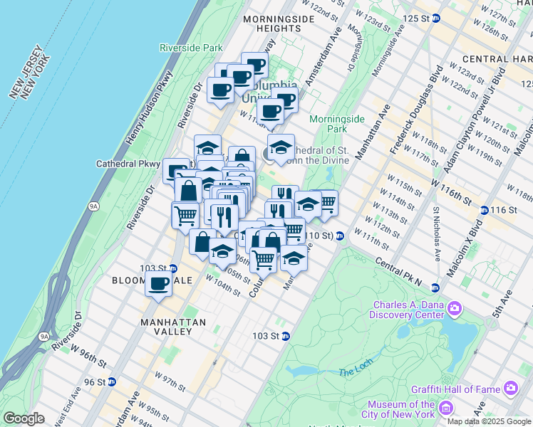 map of restaurants, bars, coffee shops, grocery stores, and more near 149 West 108th Street in New York