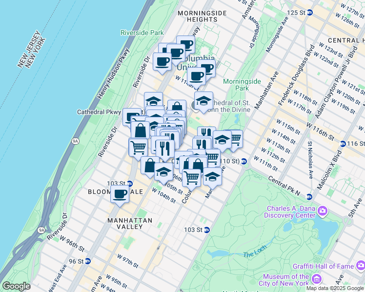 map of restaurants, bars, coffee shops, grocery stores, and more near 149 West 108th Street in New York