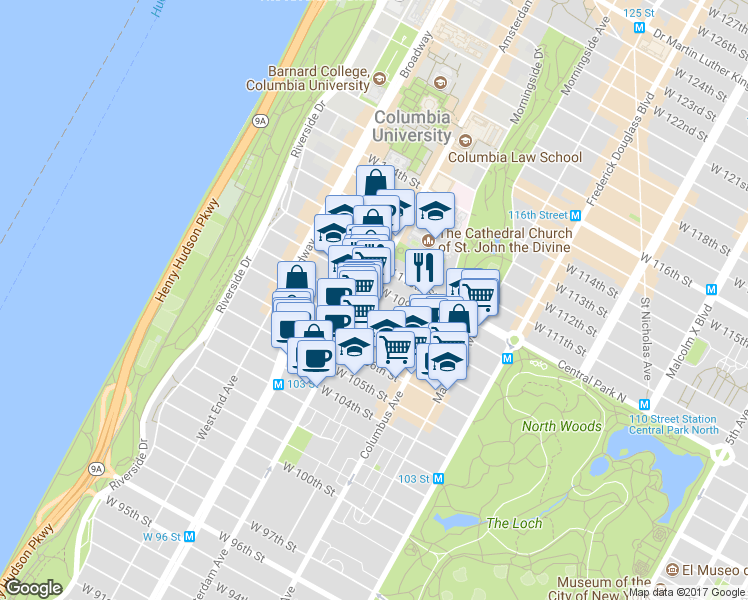 map of restaurants, bars, coffee shops, grocery stores, and more near 149 West 108th Street in New York