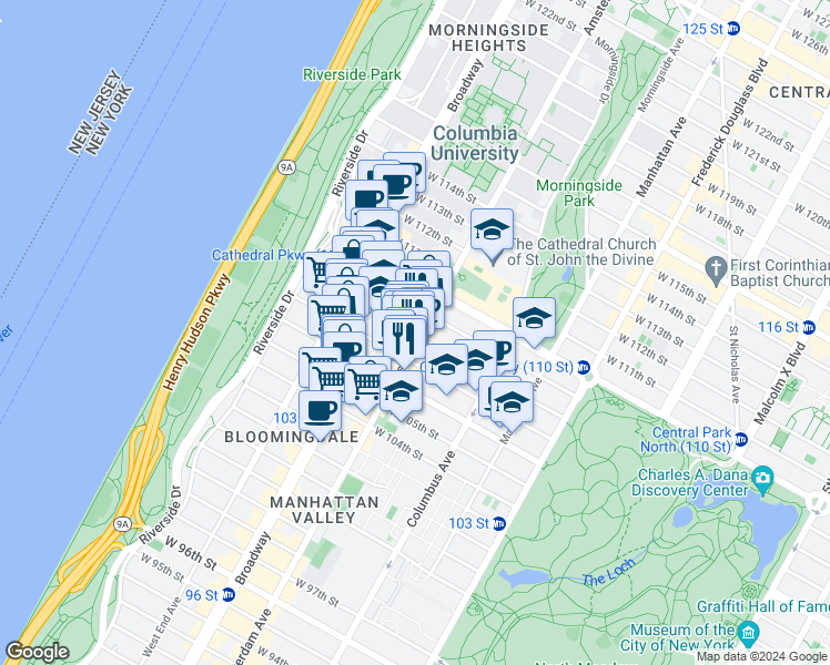 map of restaurants, bars, coffee shops, grocery stores, and more near 985 Amsterdam Avenue in New York