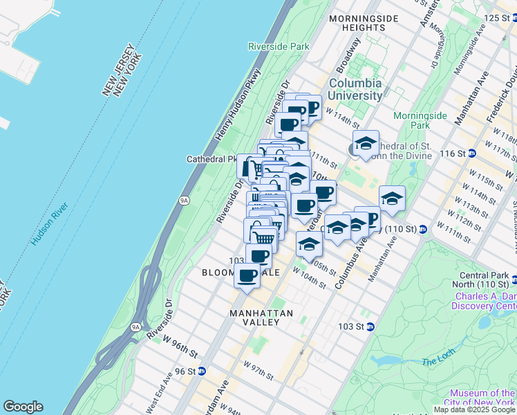 map of restaurants, bars, coffee shops, grocery stores, and more near 900 West End Avenue in New York