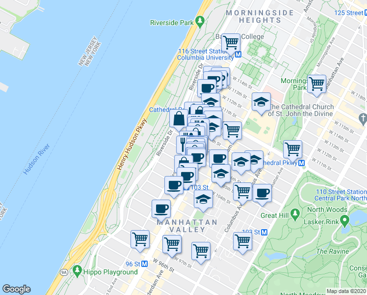 map of restaurants, bars, coffee shops, grocery stores, and more near 900 West End Avenue in New York
