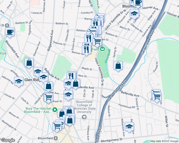 map of restaurants, bars, coffee shops, grocery stores, and more near 43 New Street in Bloomfield