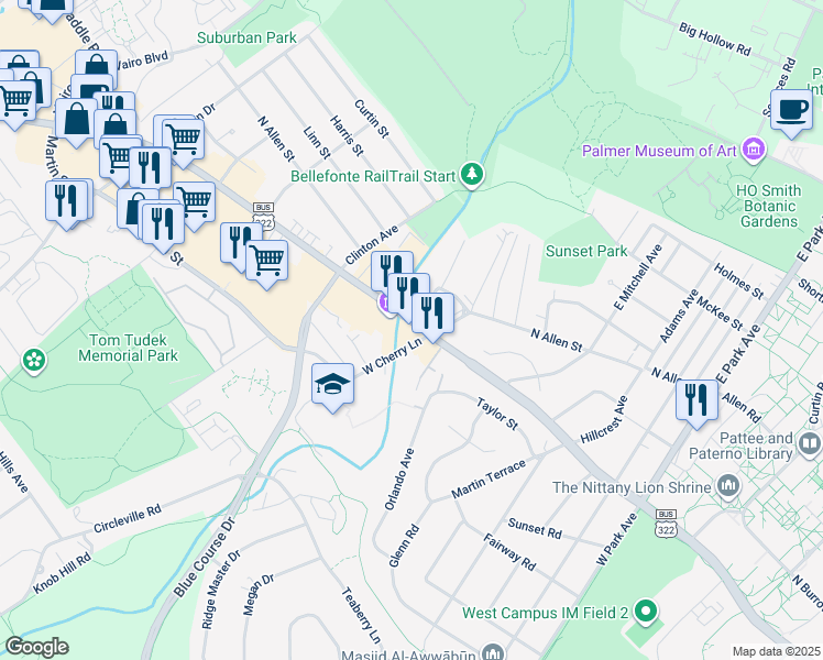 map of restaurants, bars, coffee shops, grocery stores, and more near 611 West Cherry Lane in State College