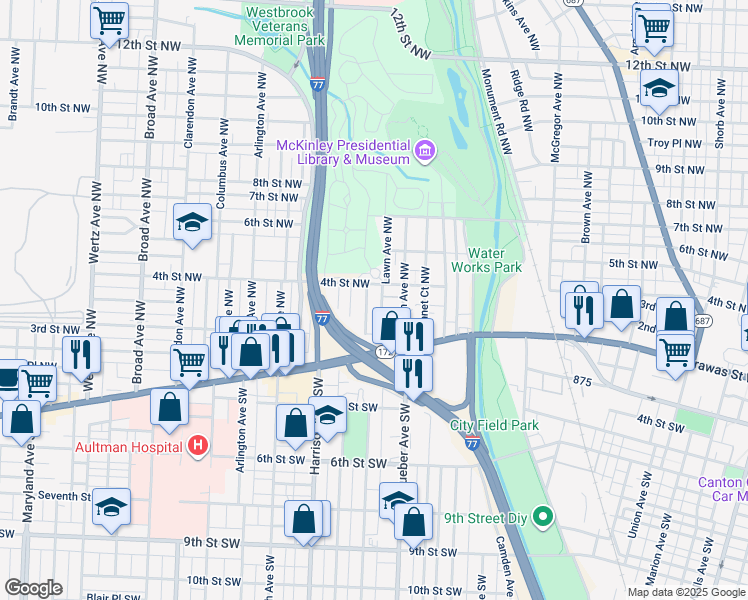 map of restaurants, bars, coffee shops, grocery stores, and more near 223 Park Avenue Northwest in Canton