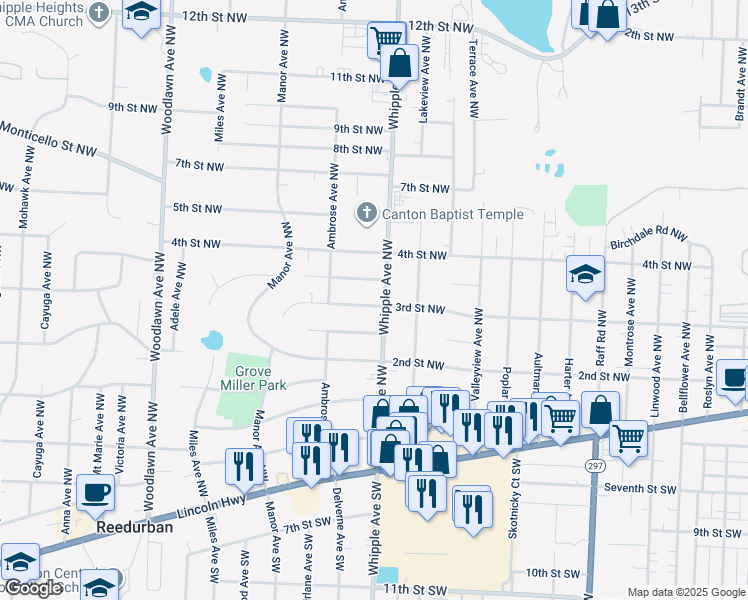 map of restaurants, bars, coffee shops, grocery stores, and more near in Canton