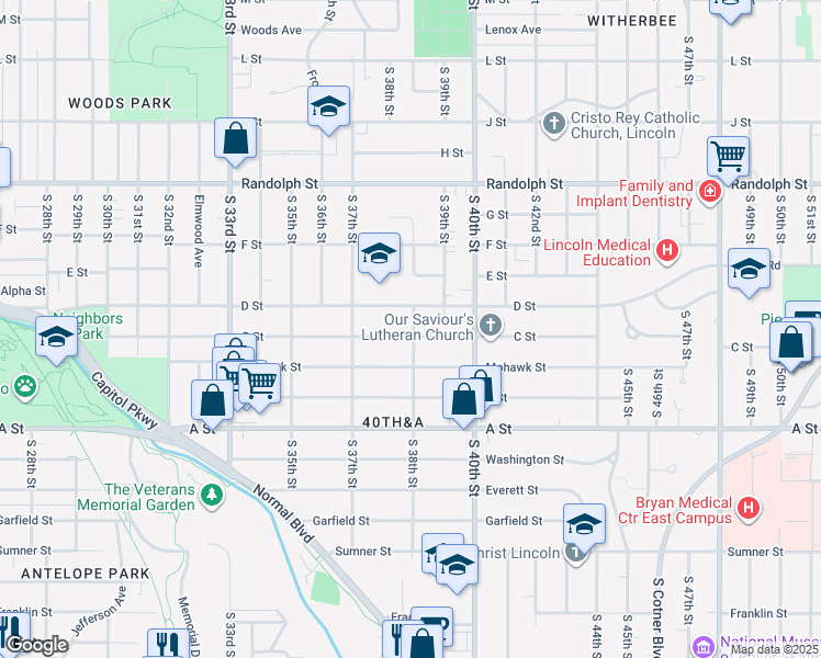 map of restaurants, bars, coffee shops, grocery stores, and more near 3785 C Street in Lincoln