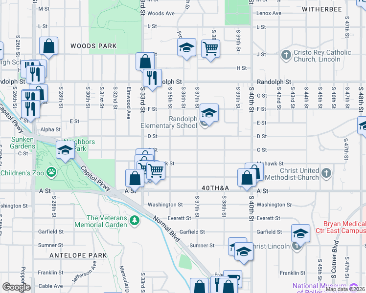 map of restaurants, bars, coffee shops, grocery stores, and more near 3611 C Street in Lincoln
