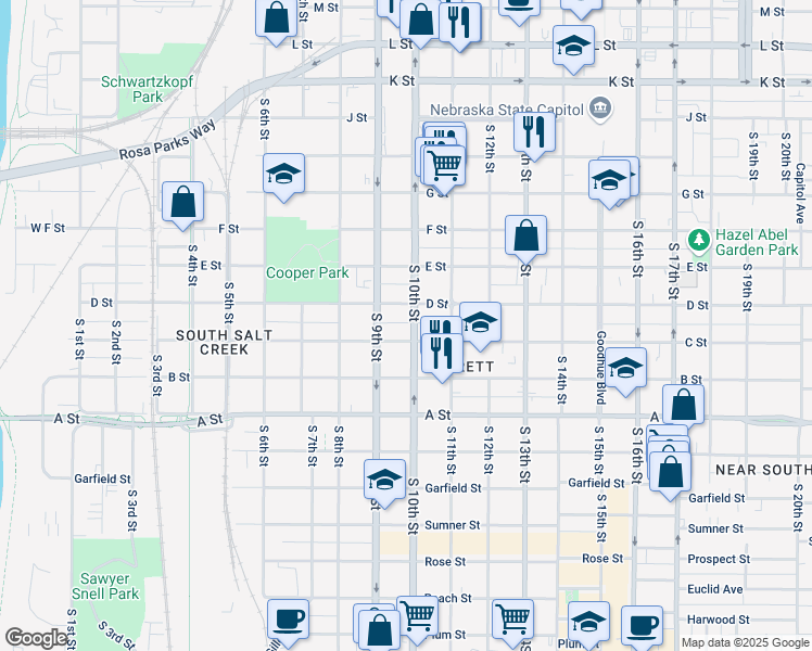 map of restaurants, bars, coffee shops, grocery stores, and more near 912 C Street in Lincoln