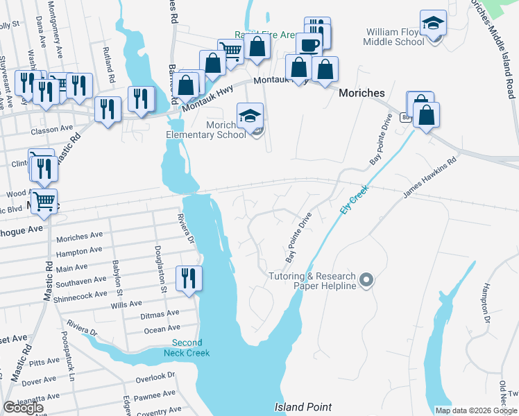 map of restaurants, bars, coffee shops, grocery stores, and more near 373 Quarry Pond Court in Moriches