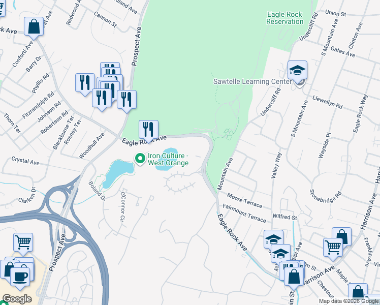 map of restaurants, bars, coffee shops, grocery stores, and more near 10 Smith Manor Boulevard in West Orange