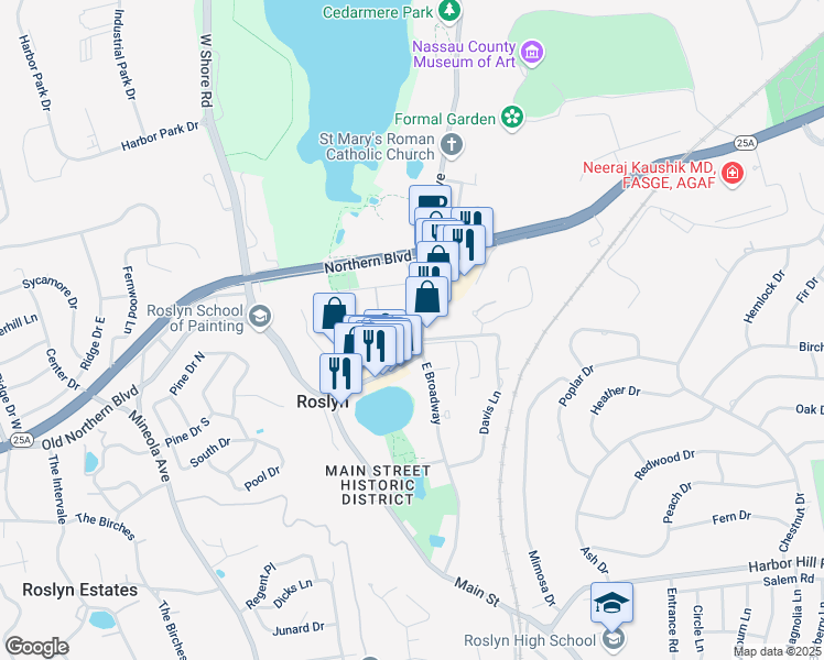 map of restaurants, bars, coffee shops, grocery stores, and more near in Roslyn
