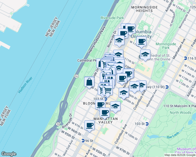 map of restaurants, bars, coffee shops, grocery stores, and more near 307 West 105th Street in New York