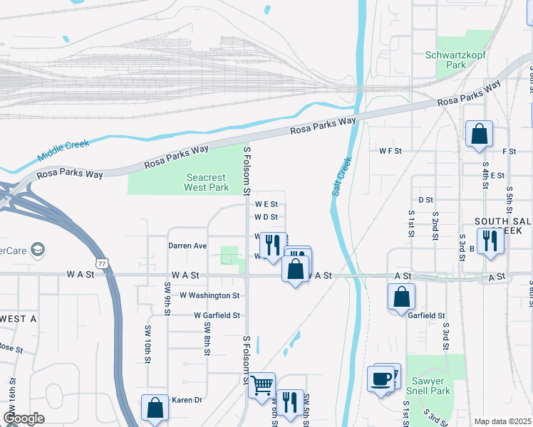 map of restaurants, bars, coffee shops, grocery stores, and more near 639 West D Street in Lincoln