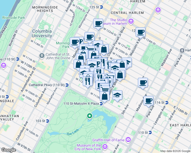 map of restaurants, bars, coffee shops, grocery stores, and more near 7th Ave & W 114th St in New York