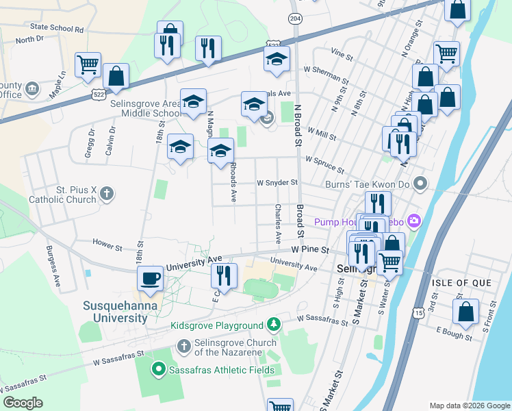 map of restaurants, bars, coffee shops, grocery stores, and more near 199 Susquehanna Avenue in Selinsgrove