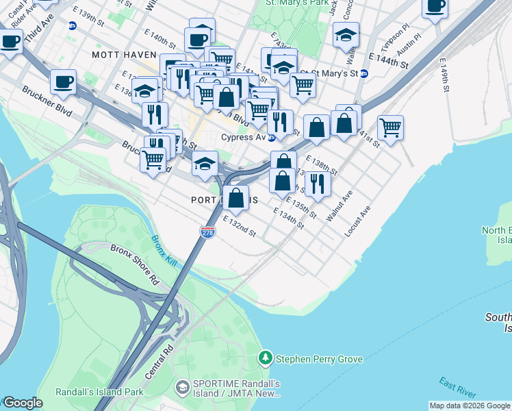 map of restaurants, bars, coffee shops, grocery stores, and more near 759 East 133rd Street in The Bronx
