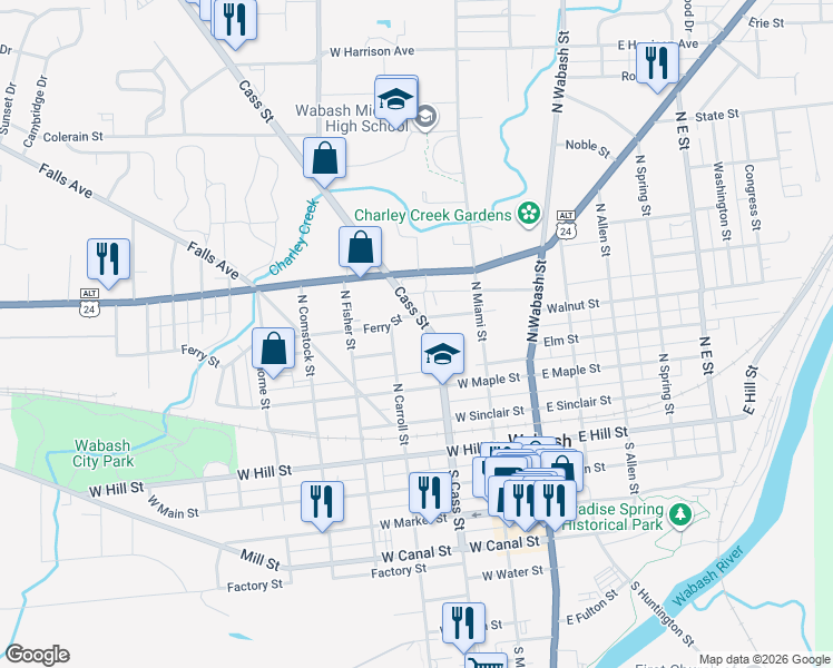 map of restaurants, bars, coffee shops, grocery stores, and more near 260 North Cass Street in Wabash