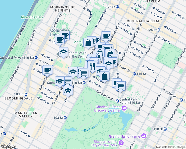 map of restaurants, bars, coffee shops, grocery stores, and more near 2074 Frederick Douglass Boulevard in New York