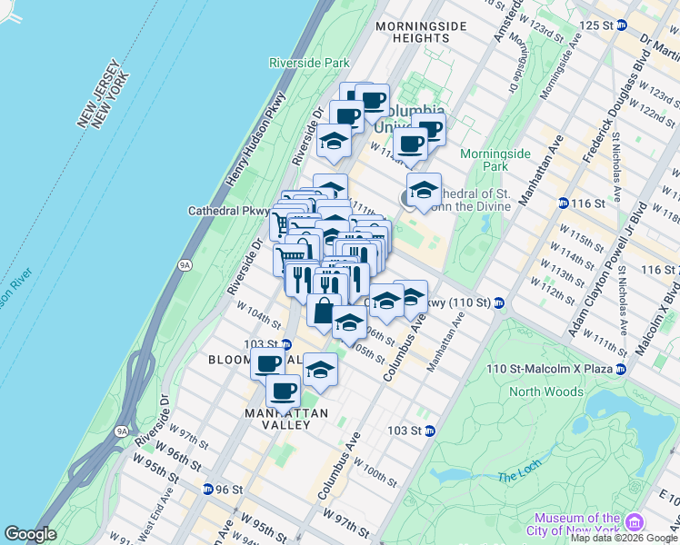 map of restaurants, bars, coffee shops, grocery stores, and more near 220 West 107th Street in New York