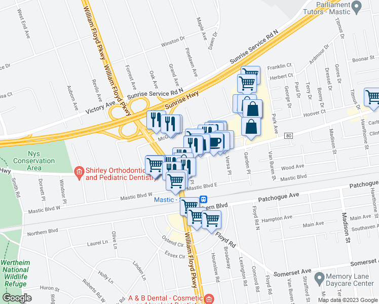map of restaurants, bars, coffee shops, grocery stores, and more near 861 Montauk Hwy in Shirley