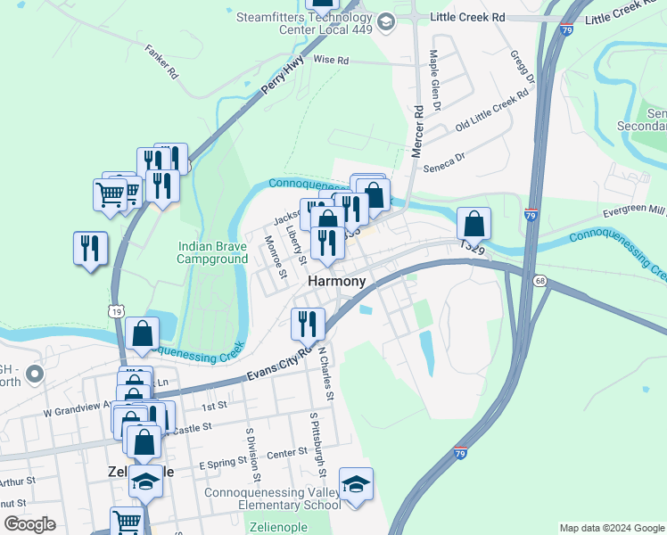 map of restaurants, bars, coffee shops, grocery stores, and more near in Harmony