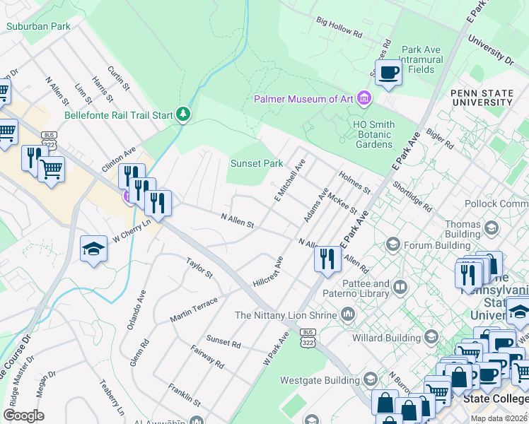 map of restaurants, bars, coffee shops, grocery stores, and more near 800 Thomas Street in State College