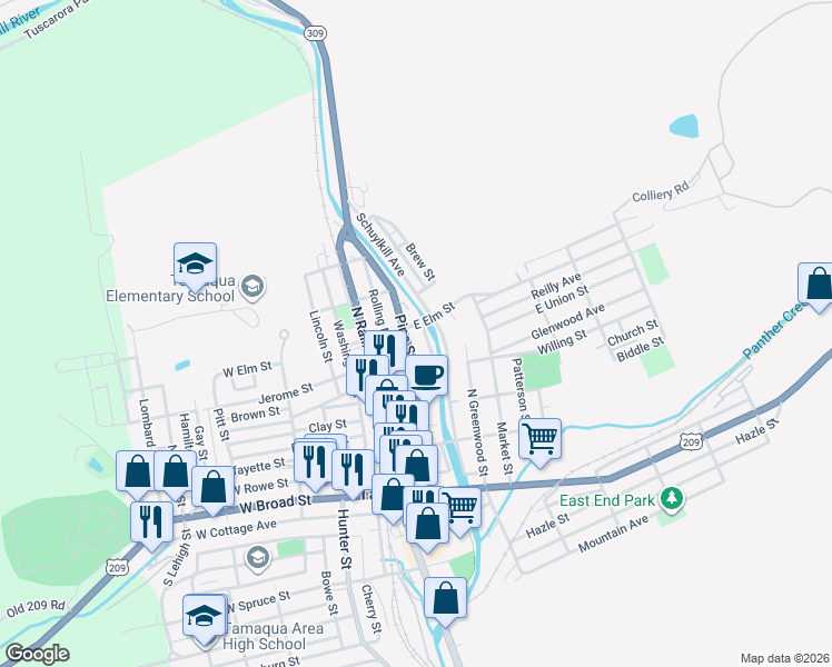 map of restaurants, bars, coffee shops, grocery stores, and more near 318 Pine Street in Tamaqua