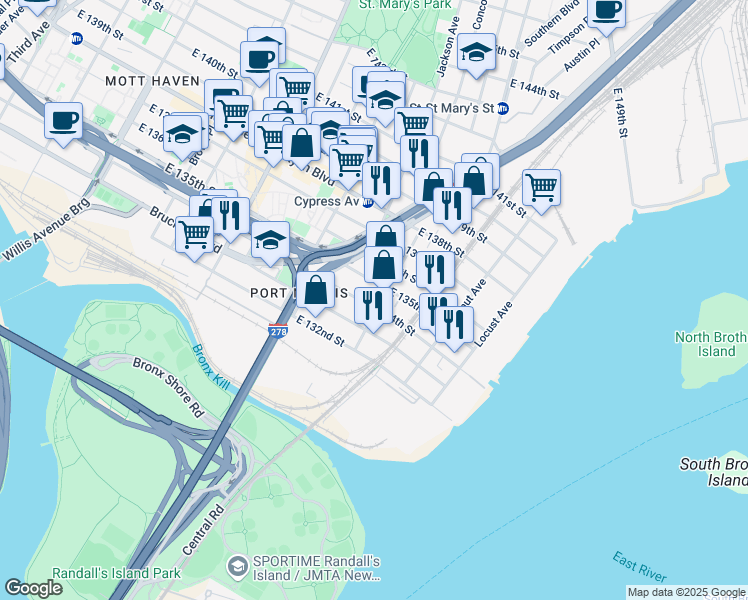 map of restaurants, bars, coffee shops, grocery stores, and more near 759 East 133rd Street in The Bronx