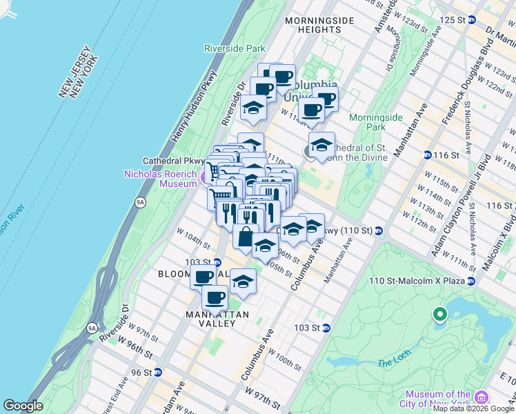 map of restaurants, bars, coffee shops, grocery stores, and more near 216 West 108th Street in New York