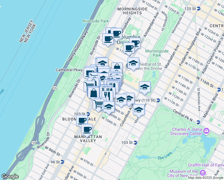 map of restaurants, bars, coffee shops, grocery stores, and more near 201 West 108th Street in New York