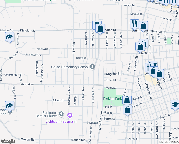 map of restaurants, bars, coffee shops, grocery stores, and more near 700 South Starr Avenue in Burlington