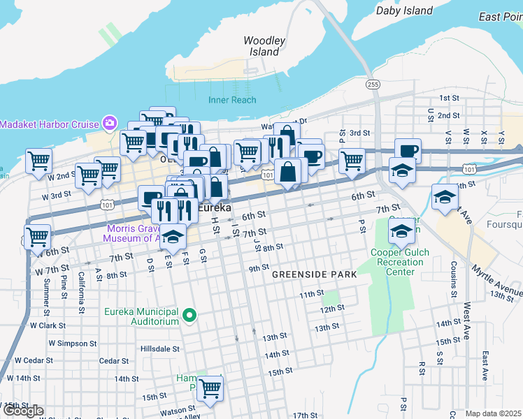 map of restaurants, bars, coffee shops, grocery stores, and more near 930 6th Street in Eureka