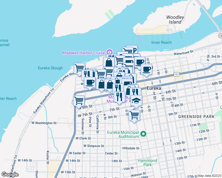 map of restaurants, bars, coffee shops, grocery stores, and more near 105 5th Street in Eureka