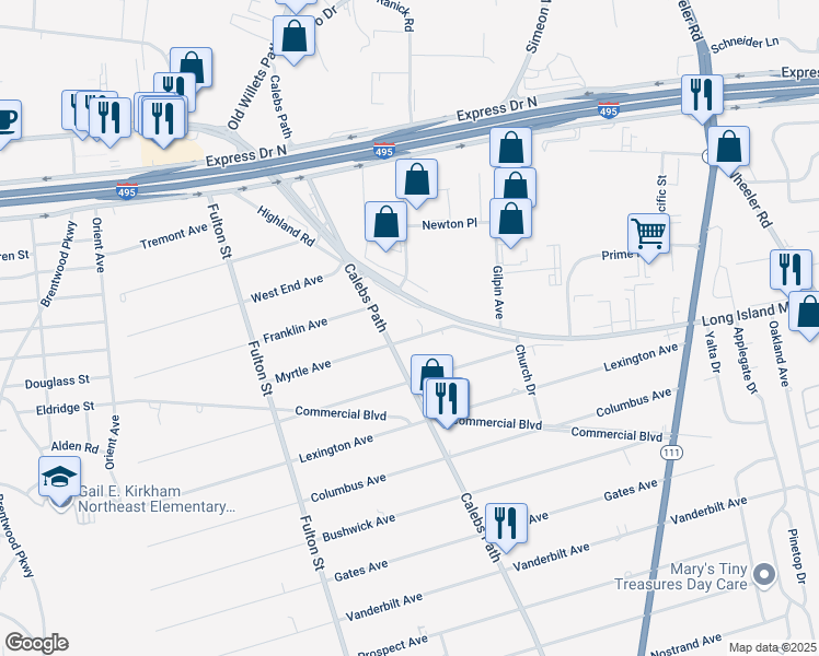 map of restaurants, bars, coffee shops, grocery stores, and more near 24 Myrtle Avenue in Central Islip