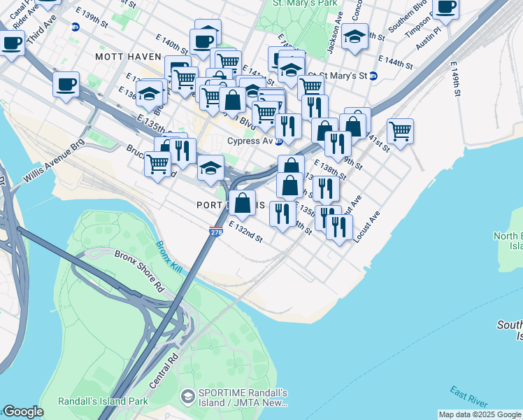 map of restaurants, bars, coffee shops, grocery stores, and more near 759 East 133rd Street in The Bronx