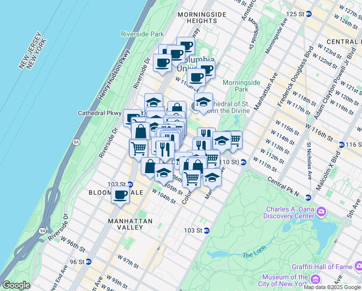 map of restaurants, bars, coffee shops, grocery stores, and more near 149 West 108th Street in New York