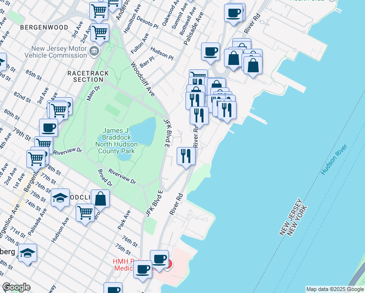 map of restaurants, bars, coffee shops, grocery stores, and more near 64 Bergen Ridge Road in North Bergen