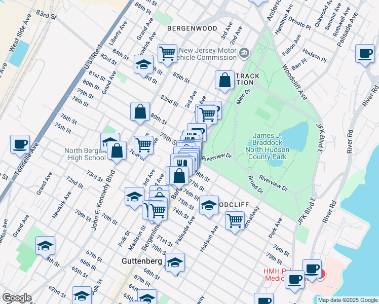 map of restaurants, bars, coffee shops, grocery stores, and more near in North Bergen