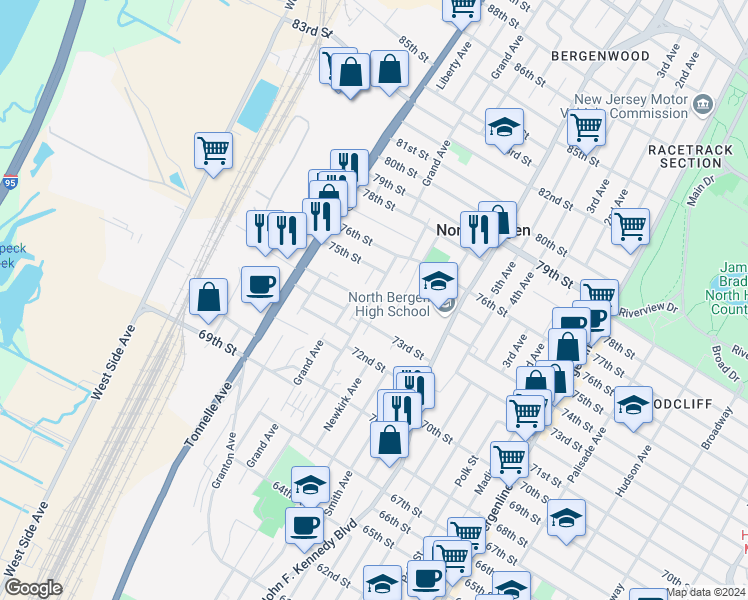 map of restaurants, bars, coffee shops, grocery stores, and more near 7308 Dane Court in North Bergen