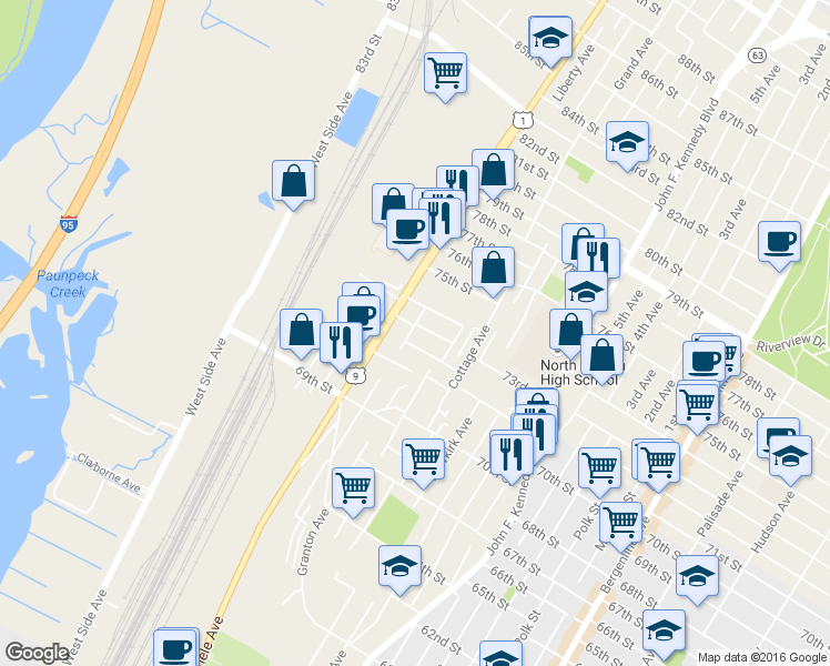map of restaurants, bars, coffee shops, grocery stores, and more near 1518 72nd Street in North Bergen