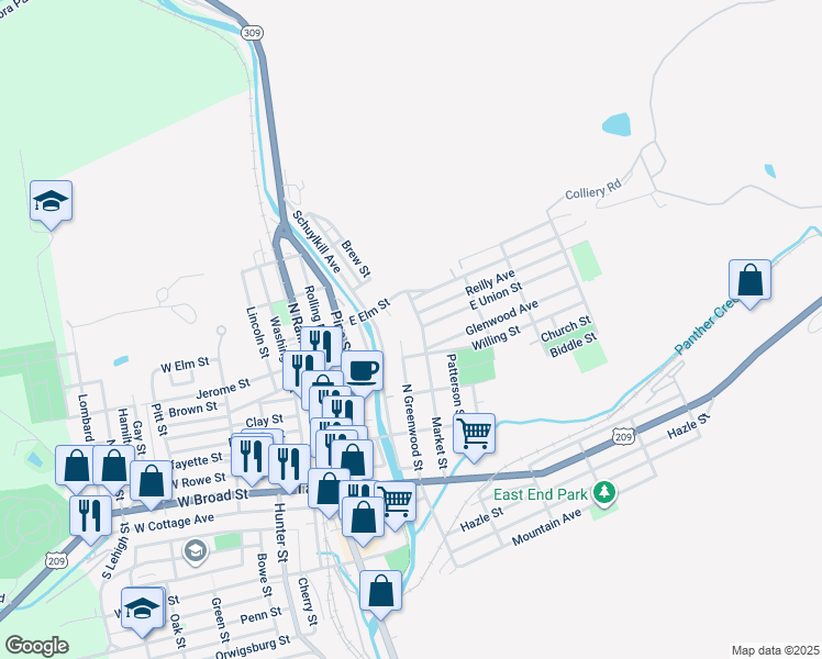 map of restaurants, bars, coffee shops, grocery stores, and more near 306 Market Street in Tamaqua