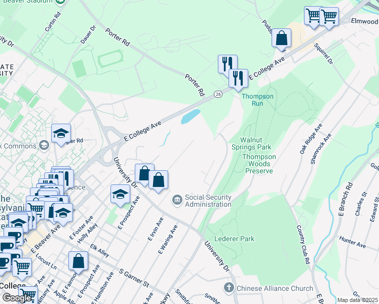 map of restaurants, bars, coffee shops, grocery stores, and more near 924 Bellaire Avenue in State College