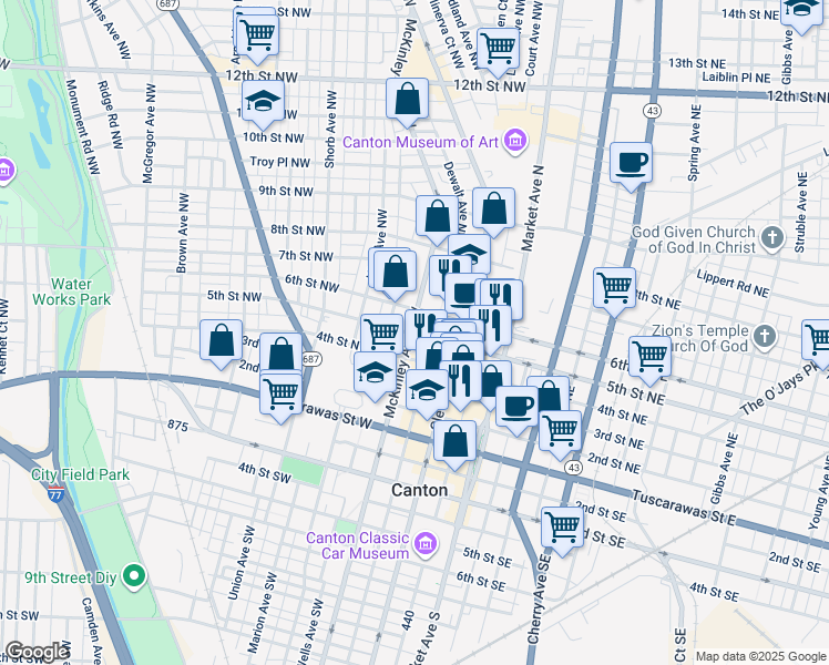 map of restaurants, bars, coffee shops, grocery stores, and more near 435 Cleveland Avenue Northwest in Canton