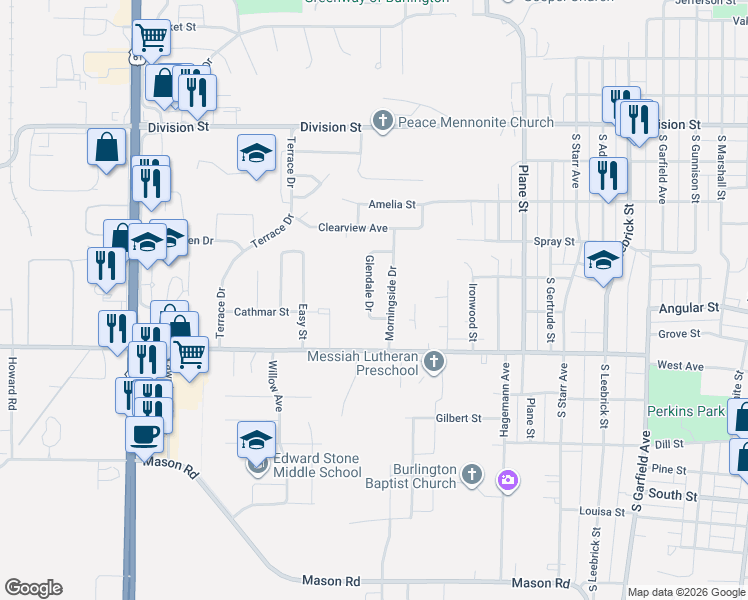 map of restaurants, bars, coffee shops, grocery stores, and more near 135 Glendale Drive in Burlington