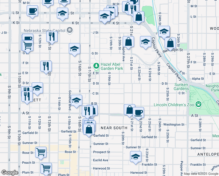 map of restaurants, bars, coffee shops, grocery stores, and more near 1824 C Street in Lincoln