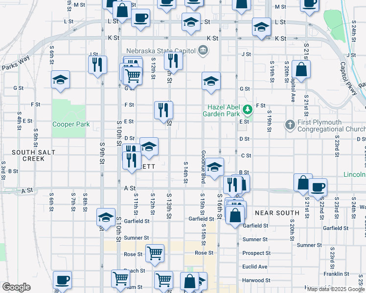 map of restaurants, bars, coffee shops, grocery stores, and more near 1320 C Street in Lincoln