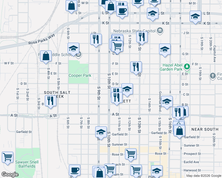 map of restaurants, bars, coffee shops, grocery stores, and more near 1032 C Street in Lincoln